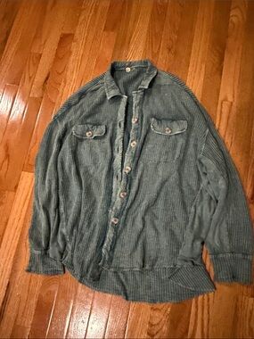 Free People Olive Green Ribbed Button-Up Shirt Jacket